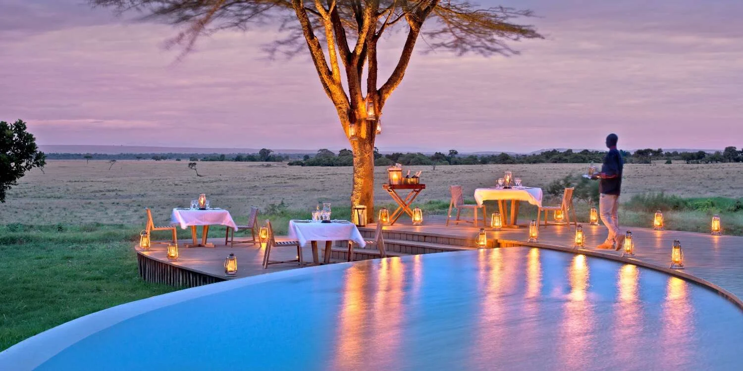 Poolside safari dining at dusk