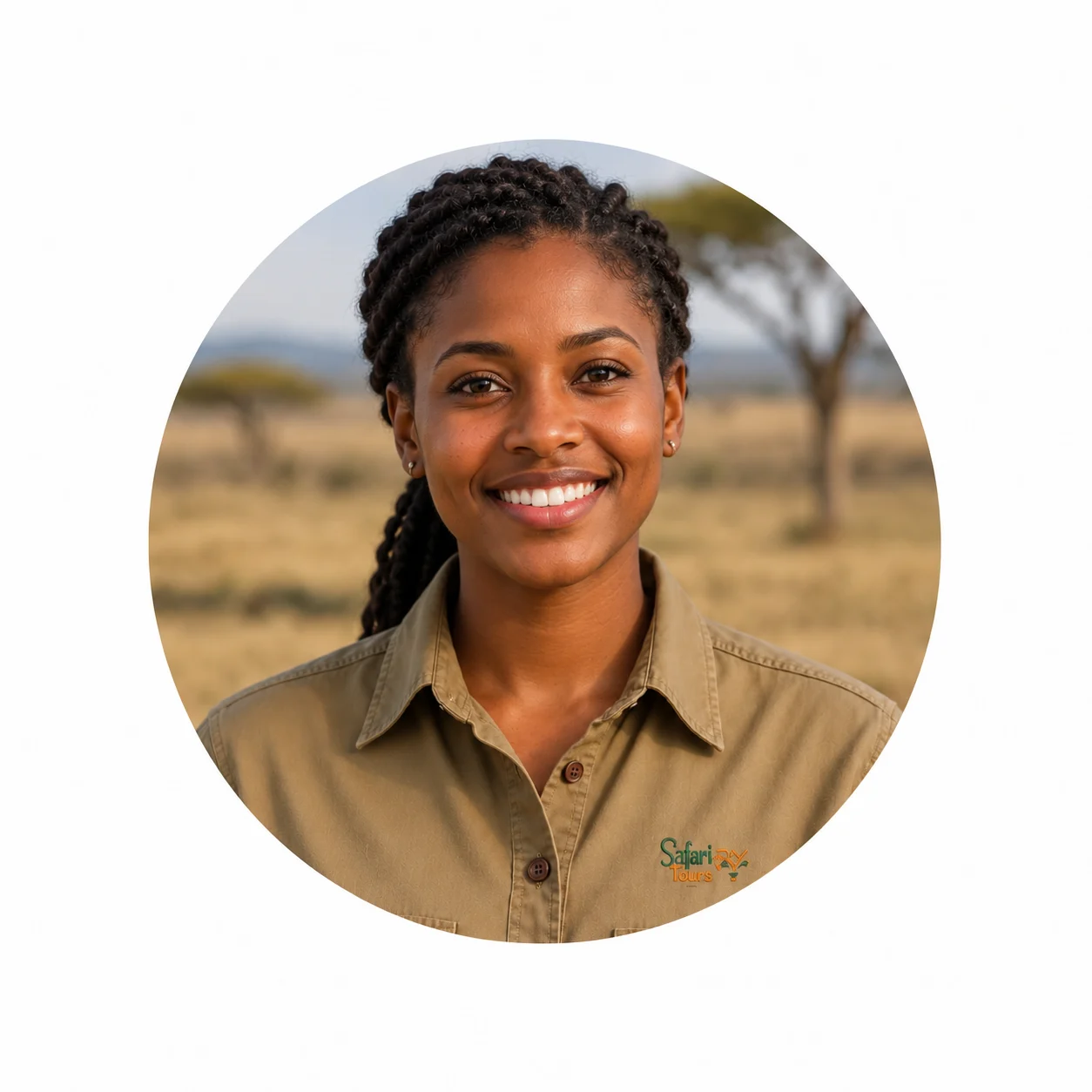 Smiling safari guide in a khaki shirt against a savanna background